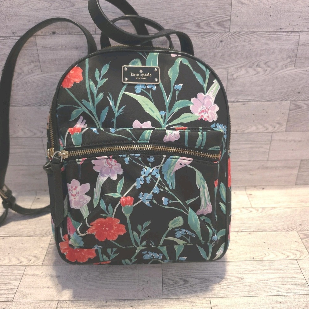 Kate Spade Small Backpack Purse Hummingbird Black Floral - Picture 2 of 12